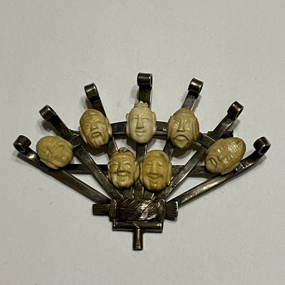 Vintage Japanese Carved Ivory 7 Gods Faces Brooch